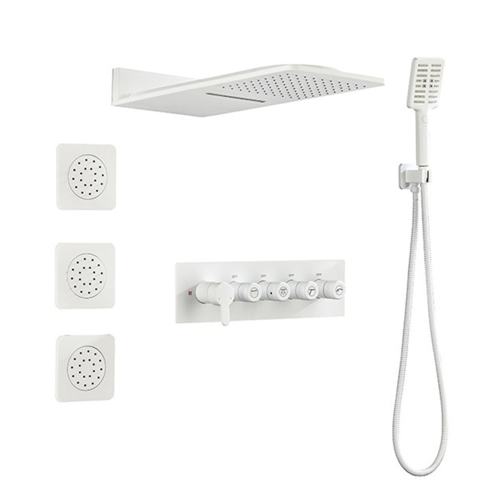 Wall Mounted Waterfall Rain Shower System With 3 Body Sprays & Handheld Shower - White