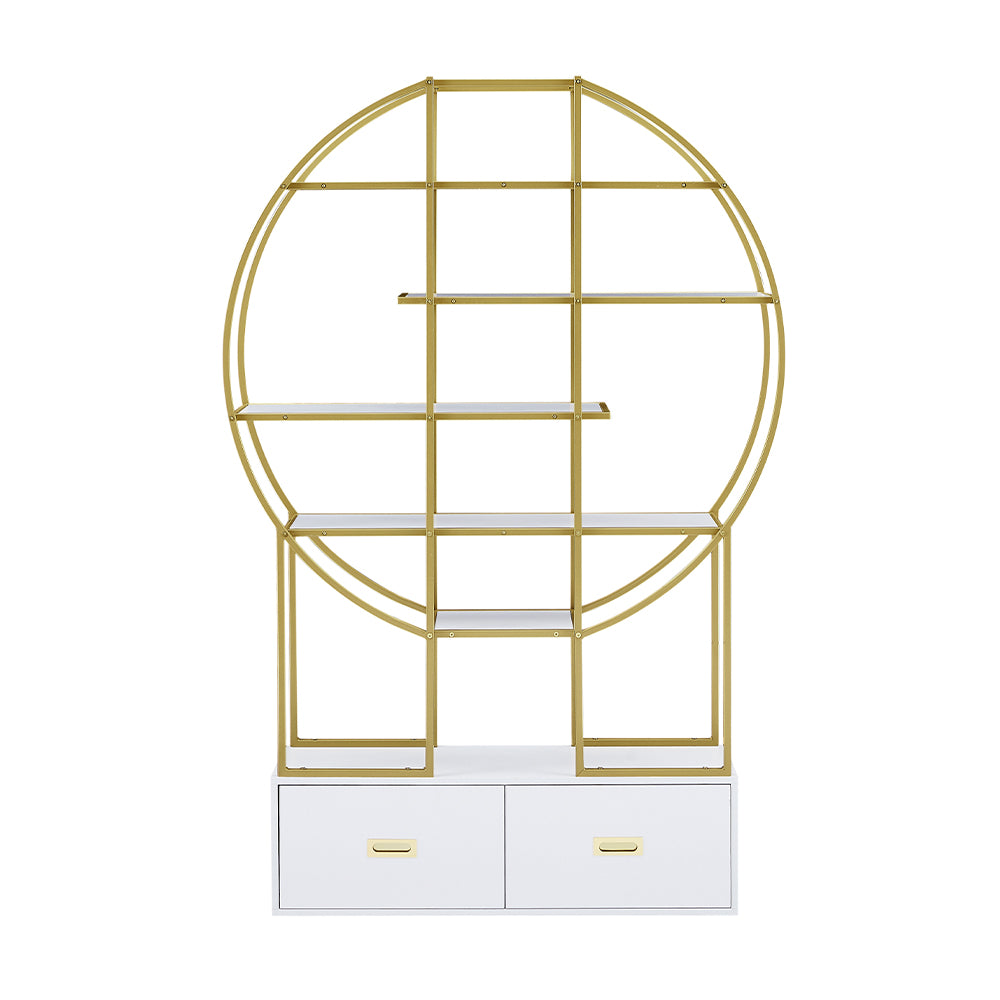 70.8 Inch Round Gold Frame Bookcase with Display Shelf and Two Drawers