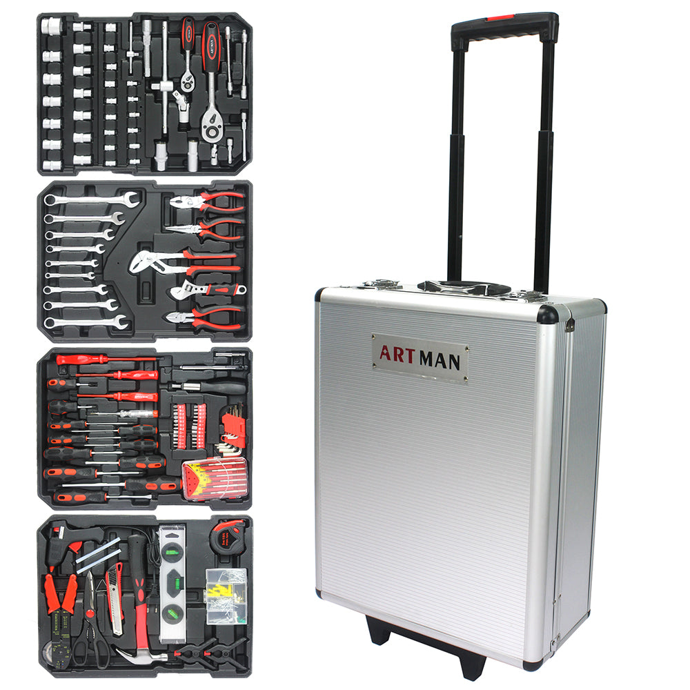 Hand Tool Box with 4 Layers of Toolset and Wheels - White