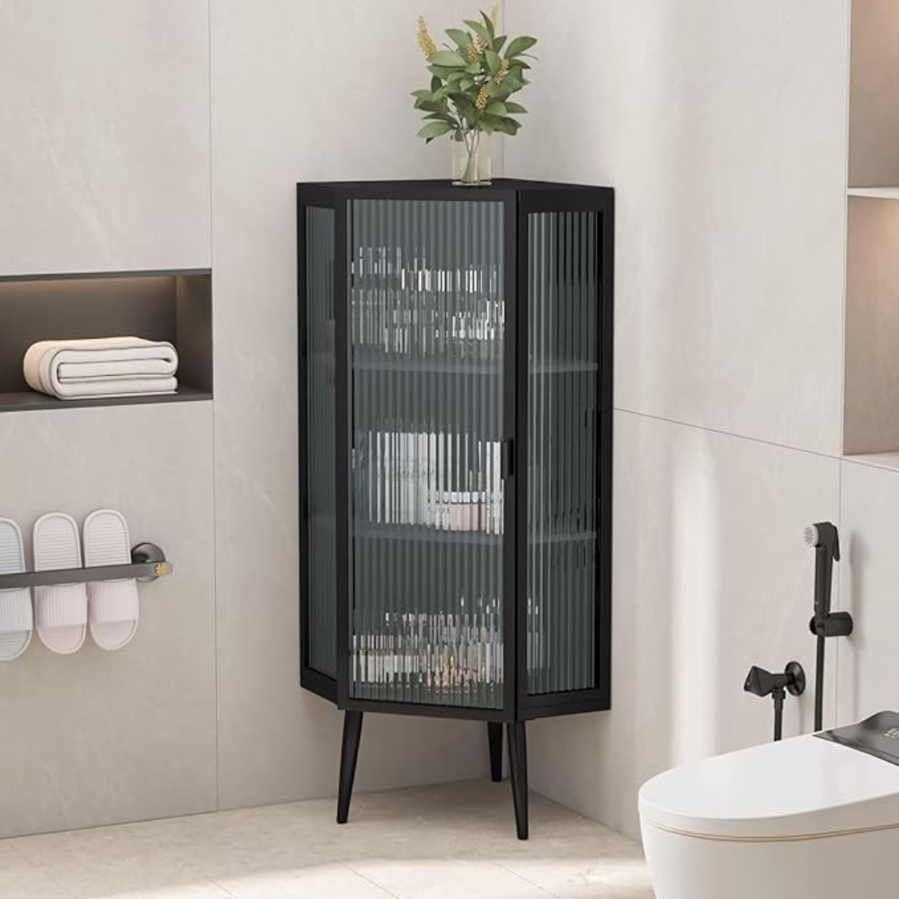 3-Tier Tempered Glass Floor Corner Cabinet for Bathroom, Living Room, and Bedroom
