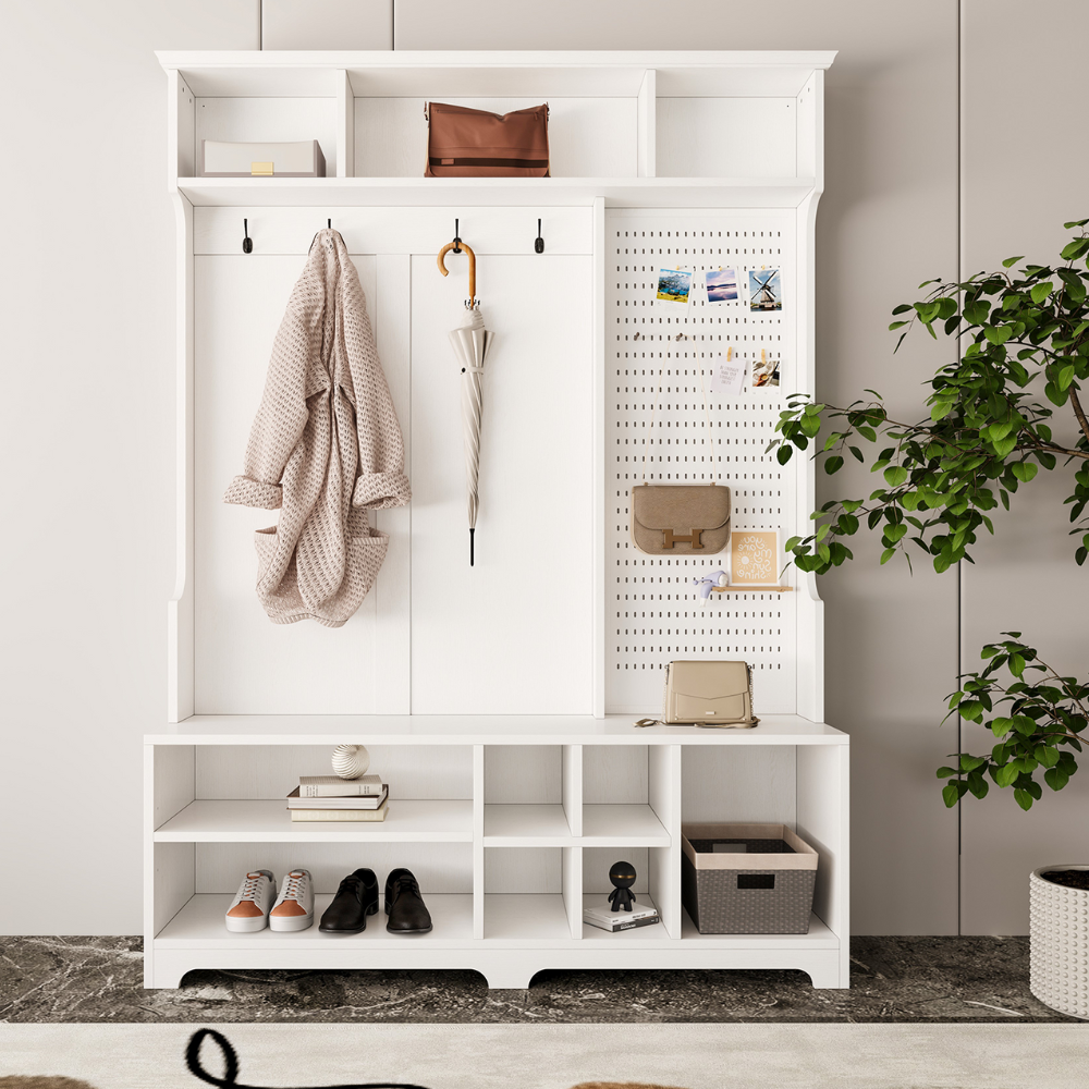 White Hall Tree with Shoe Bench, Coat Rack, Storage Shelves, and Pegboard