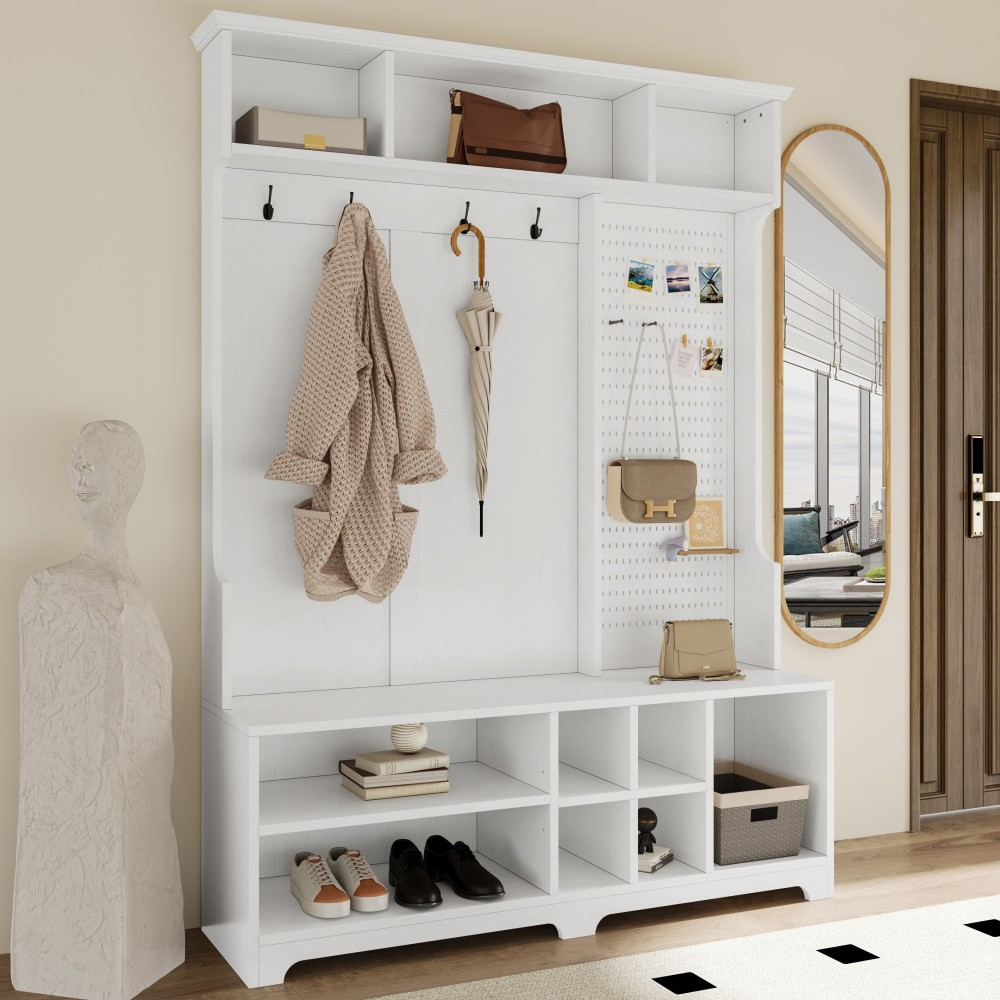 White Hall Tree with Shoe Bench, Coat Rack, Storage Shelves, and Pegboard