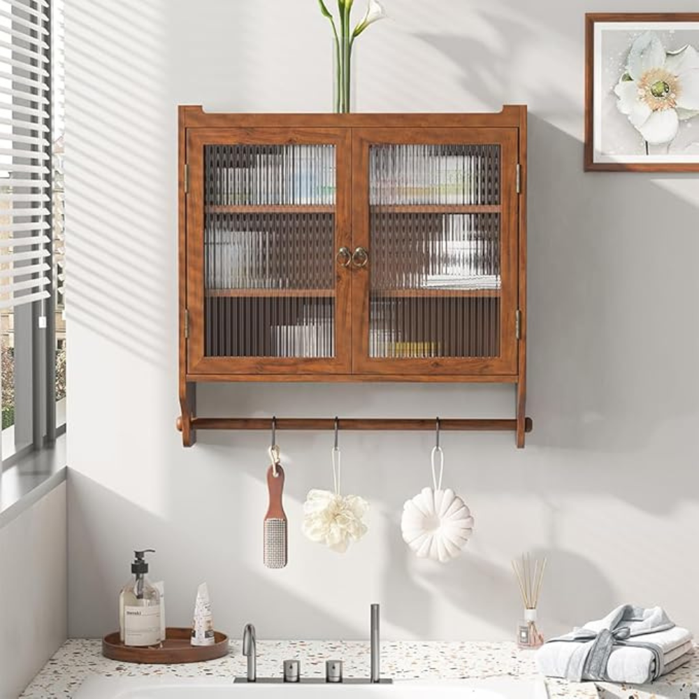 Vintage Glass Door Double Wall Cabinet with 3 Storage Tiers and Towel Rack