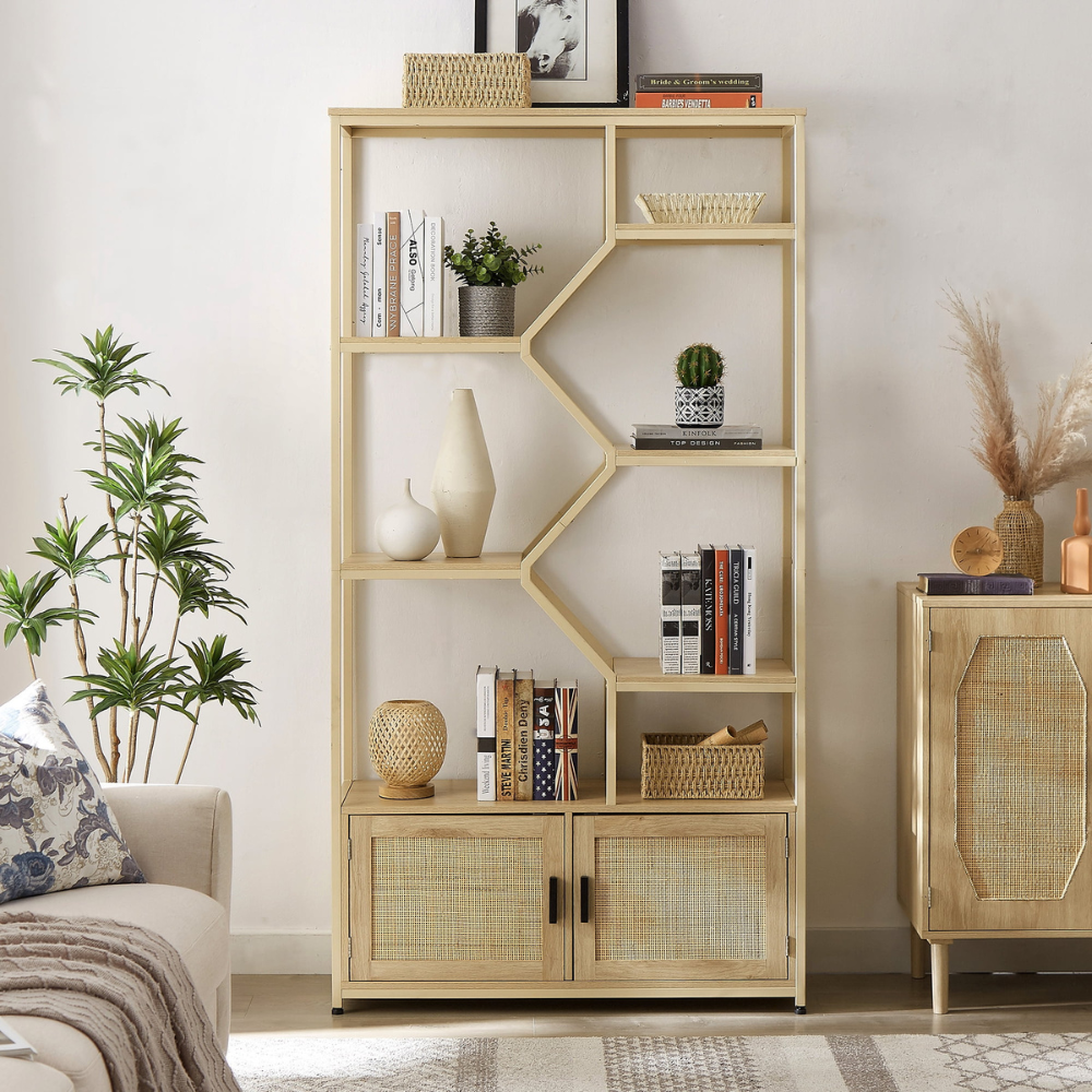 Natural Rattan Bookshelf with Cabinet