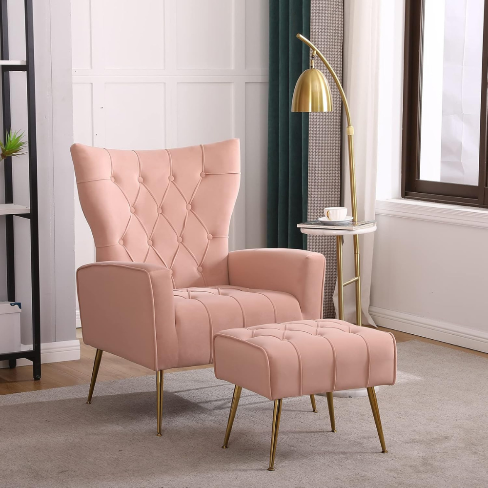 Stylish Pink Accent Chair with Ottoman