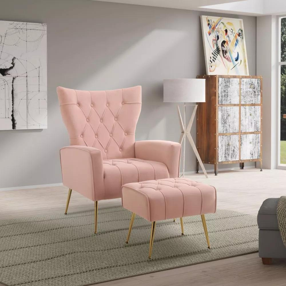 Stylish Pink Accent Chair with Ottoman
