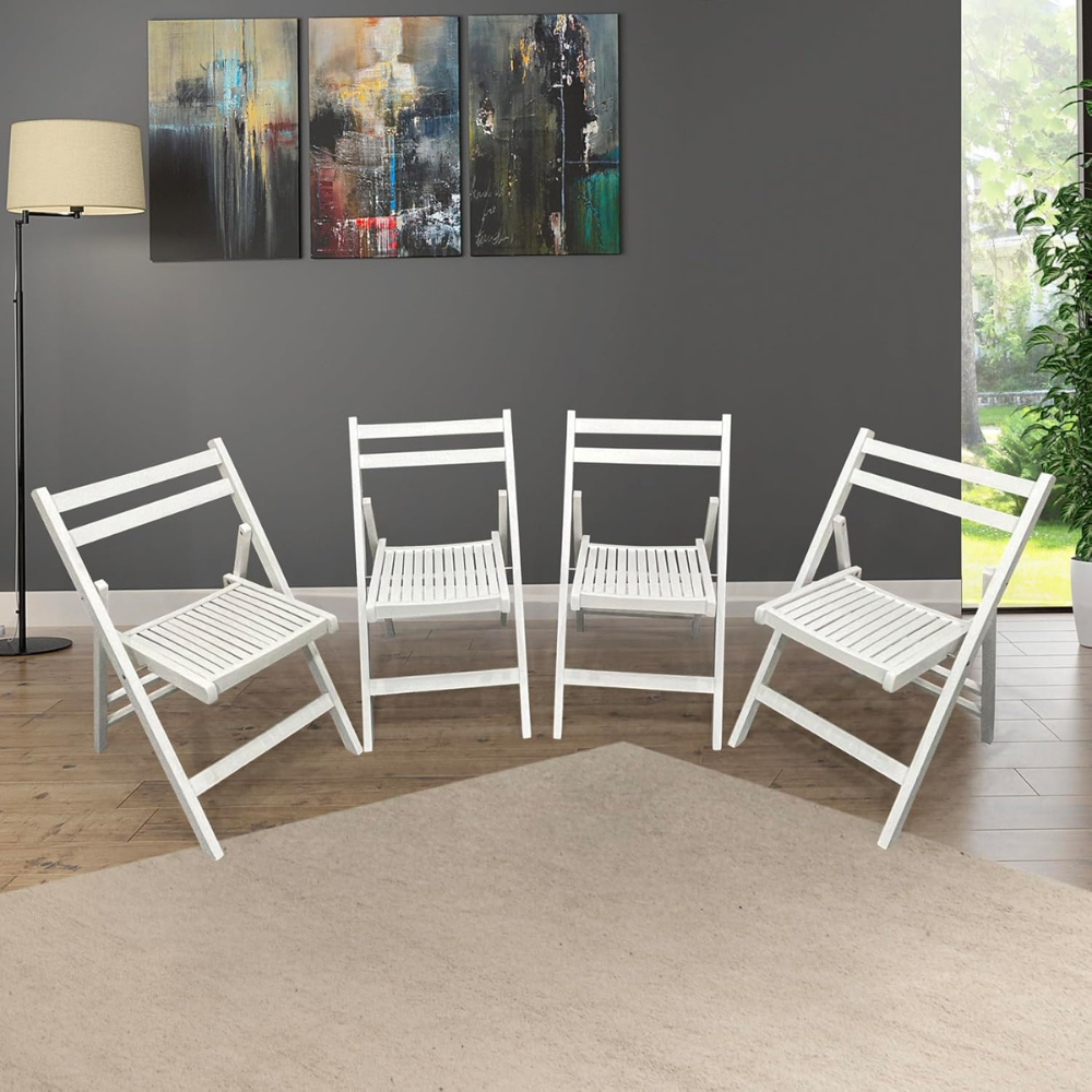 Set of 4 White Slatted Wood Folding Chairs