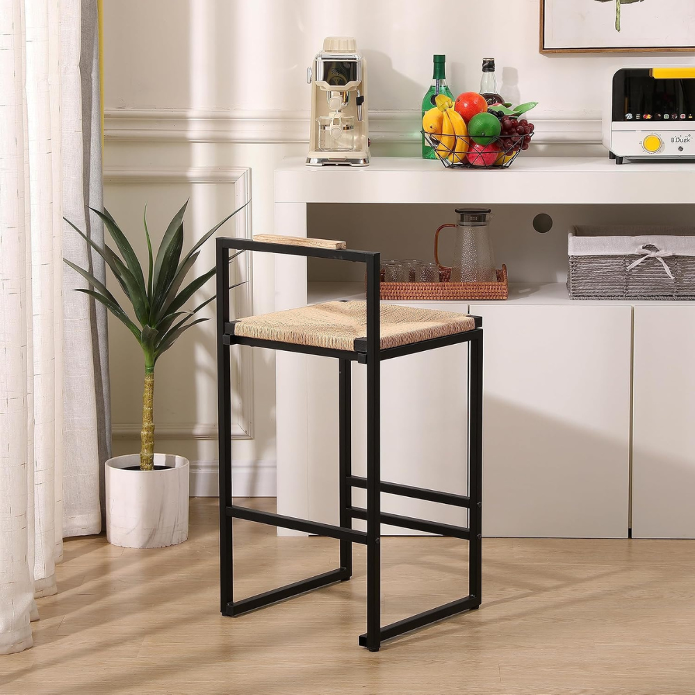 Set of 2 Paper Rope Woven Bar Stools with Back