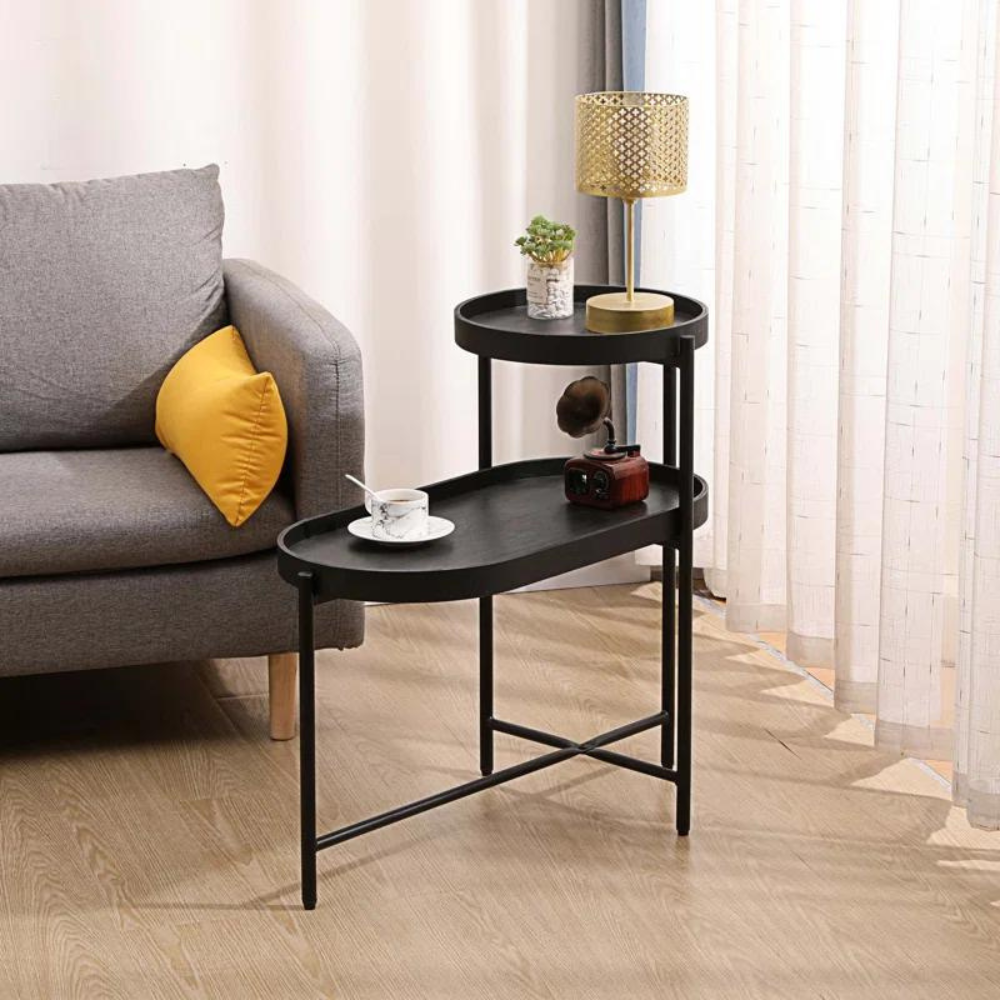 2-Tier Black Side Table with Storage