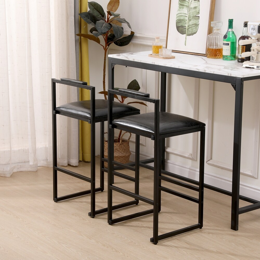 Set of 2 Black Bar Stools with Backrest and Footrest