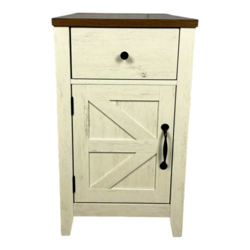 Farmhouse Brown and White End Table with Charging Station