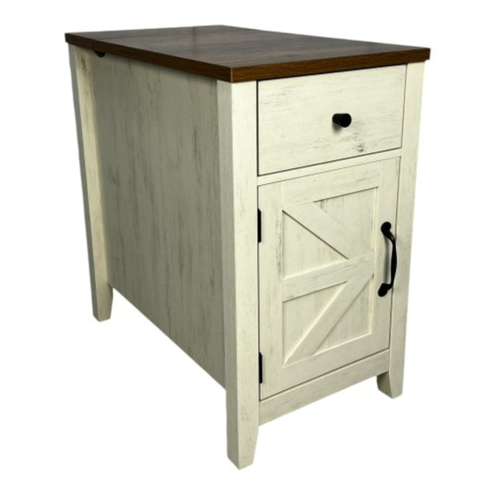 Farmhouse Brown and White End Table with Charging Station