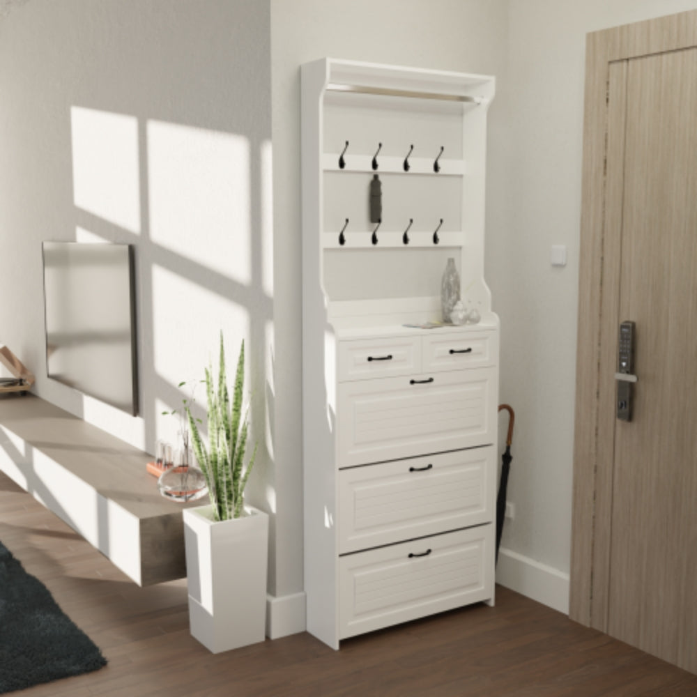 White Shoe Cabinet with 3 Doors 2 Drawers and Hanger