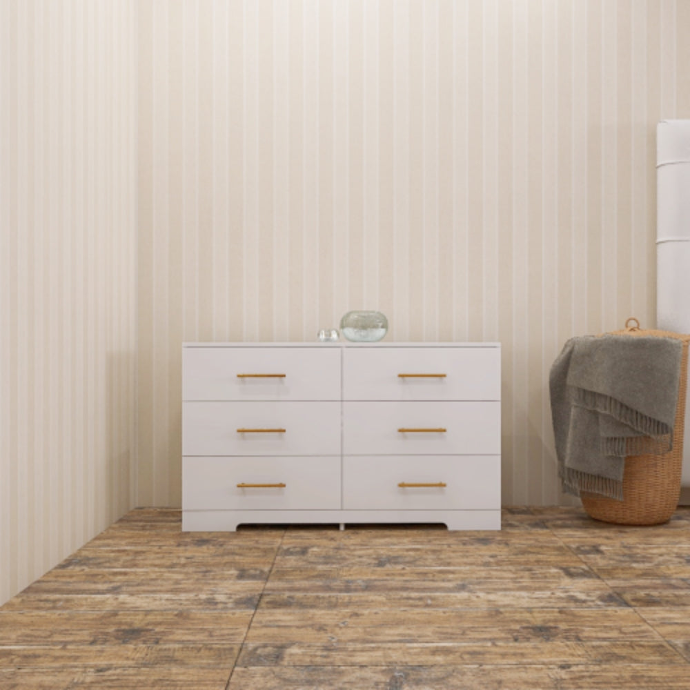 Stylish White 6 Drawer Dresser with Gold Handles