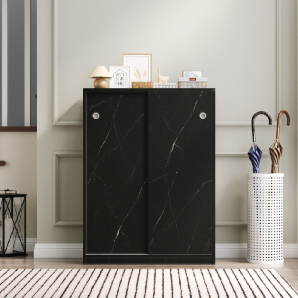 Stylish Marble Black Shoe Cabinet with Sliding Door