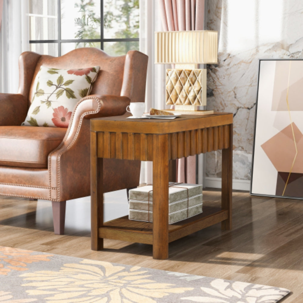 25 Inch Rectangular Farmhouse End Table with Storage Shelf in Walnut