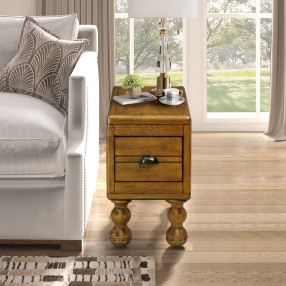 Vintage Solid Wood Side Table with Drawer in Antique Brown