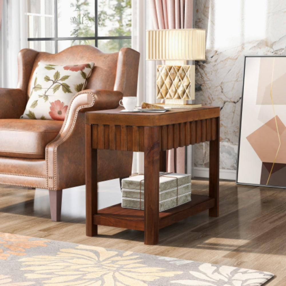 25 Inch Rectangular Farmhouse End Table with Storage Shelf in Espresso