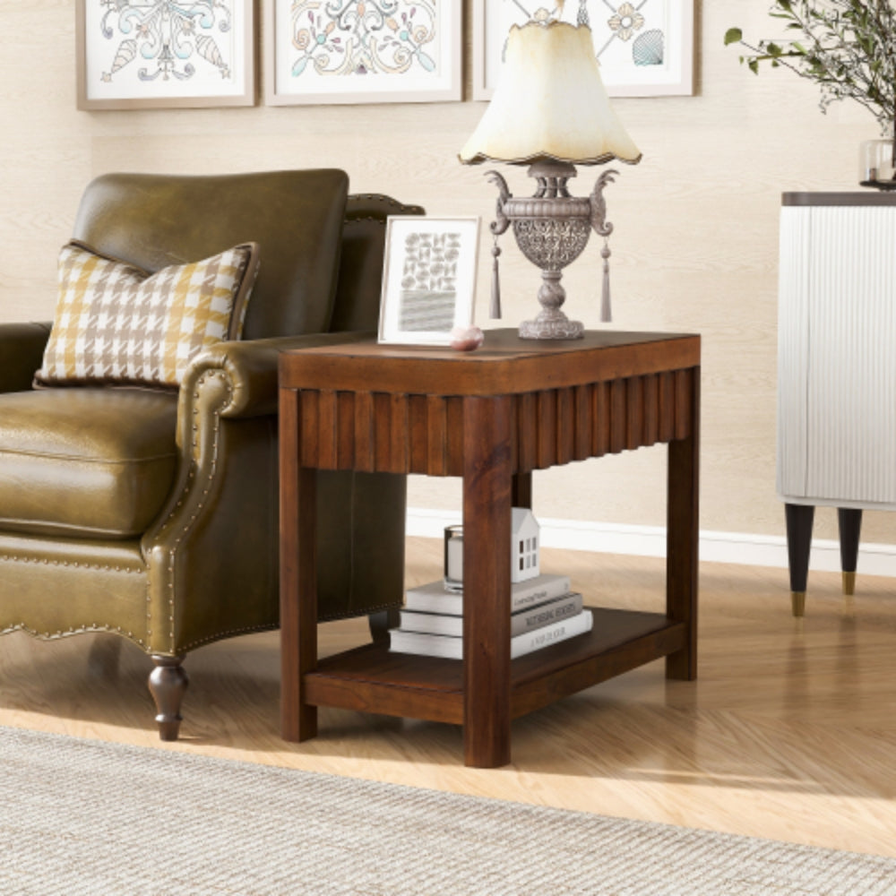 25 Inch Rectangular Farmhouse End Table with Storage Shelf in Espresso