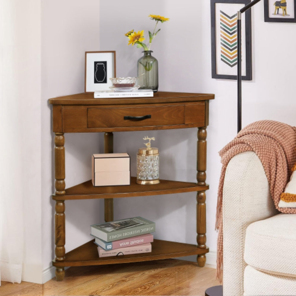 Small Triangle Corner Table 33.8 inches in Brown Finish