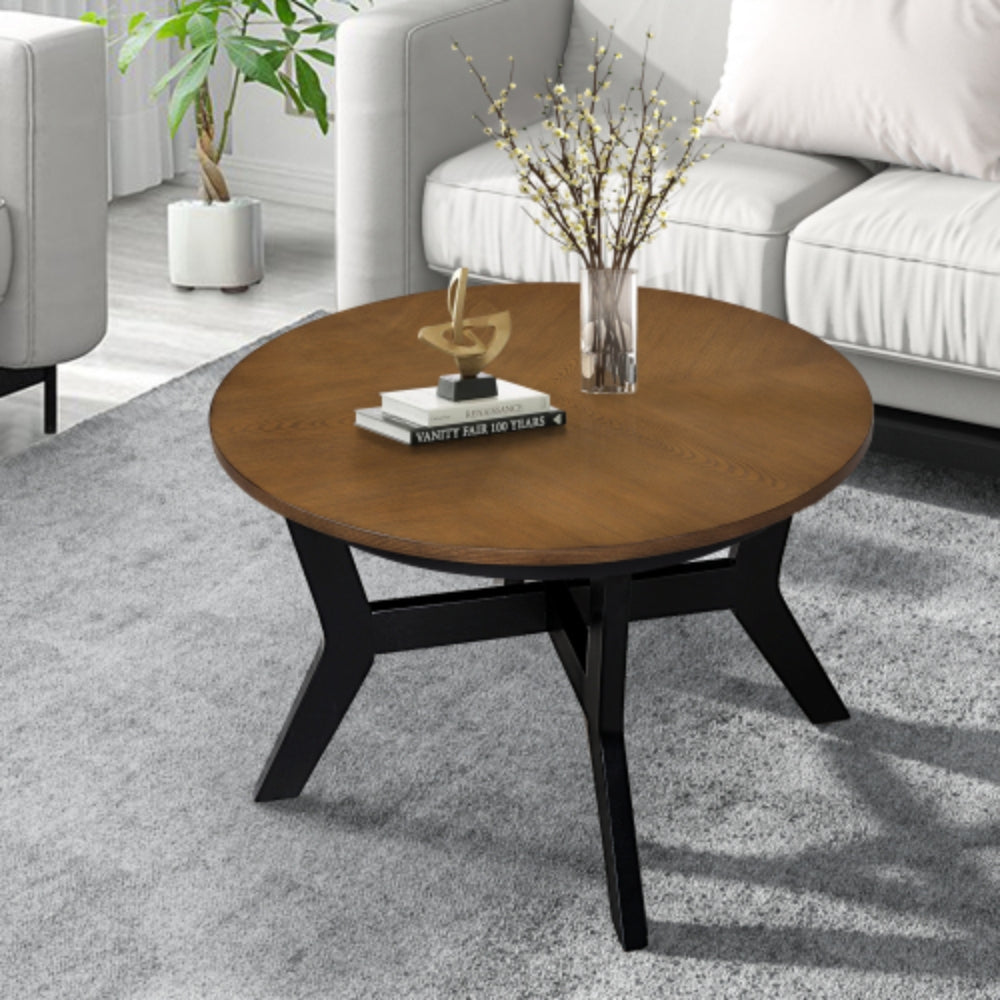 32 Inch Wood Round Coffee Table for Living Room in Walnut and Black Finish