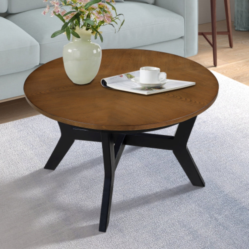 32 Inch Wood Round Coffee Table for Living Room in Walnut and Black Finish
