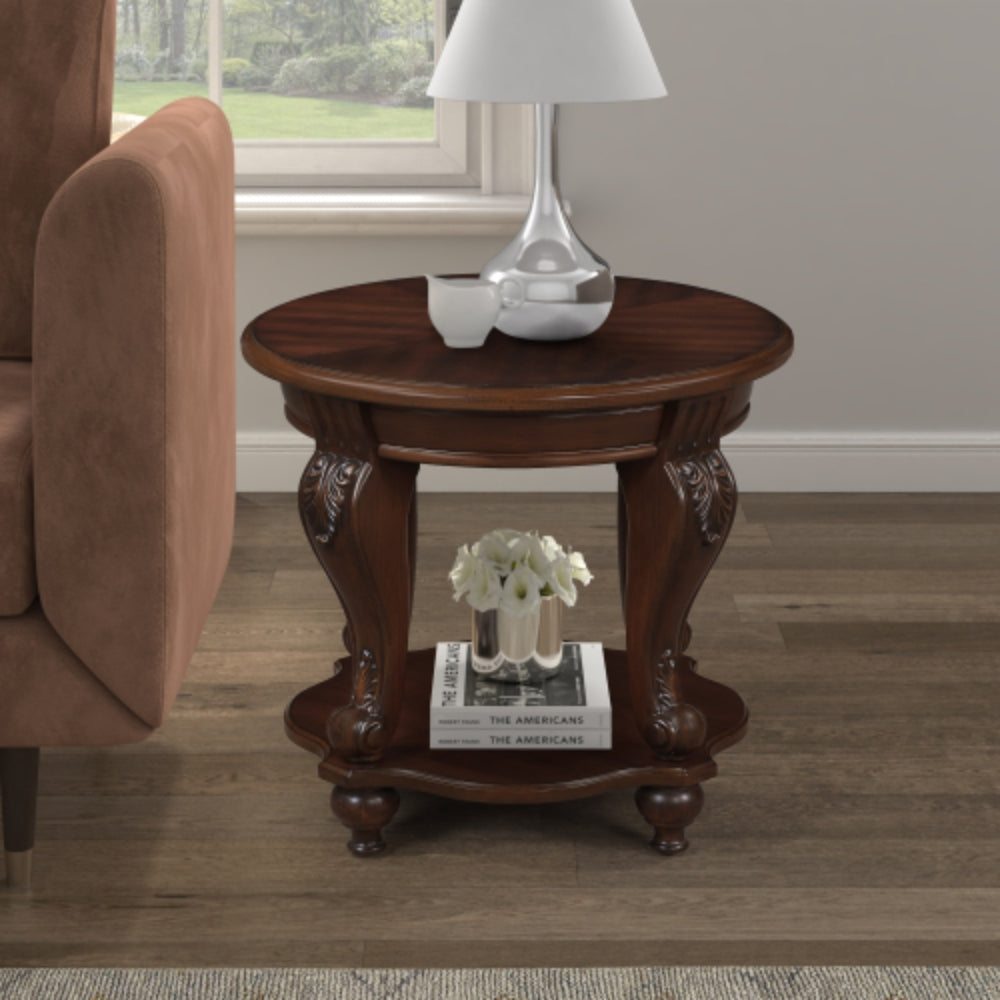 Vintage 22 Inch Round End Table with Shelf in Cherry Finish