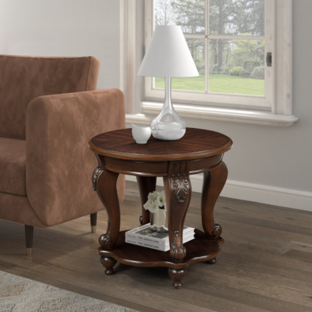Vintage 22 Inch Round End Table with Shelf in Cherry Finish