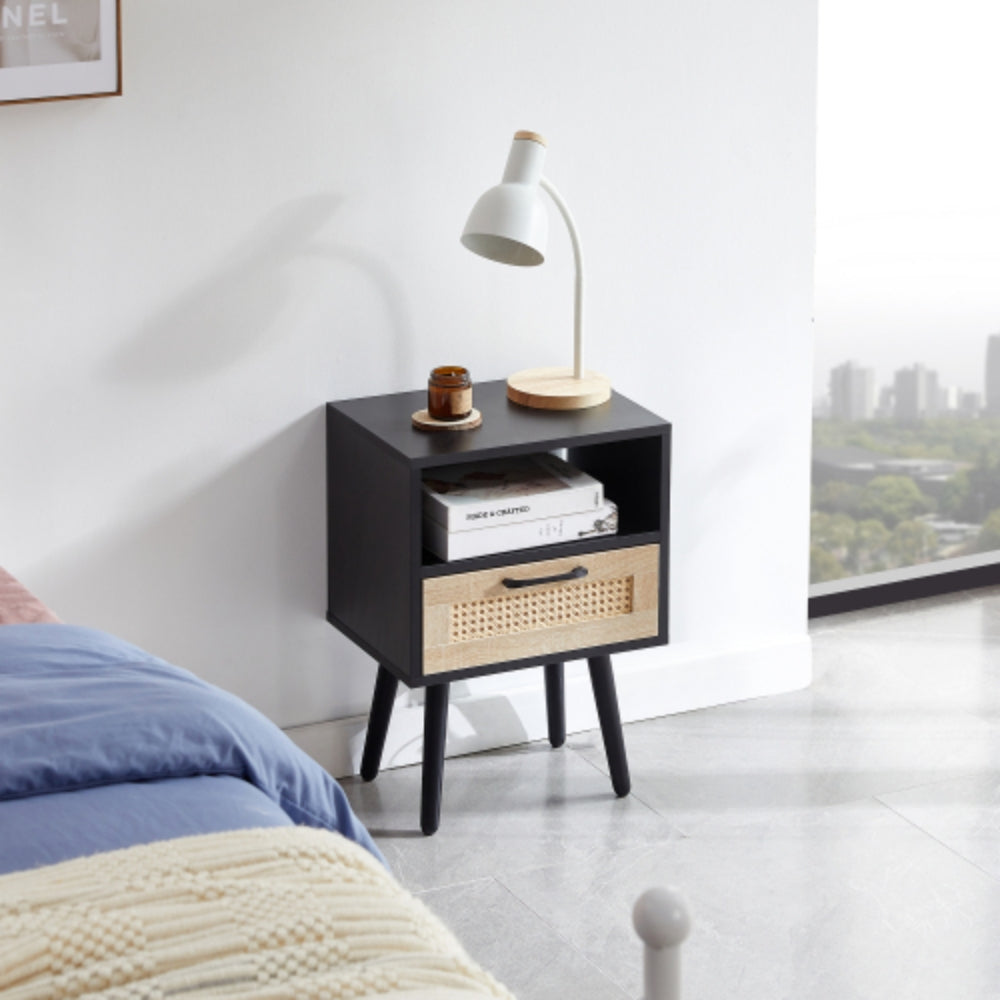 15.75 Inch Rattan End Table with Drawer and Solid Wood Legs in Black