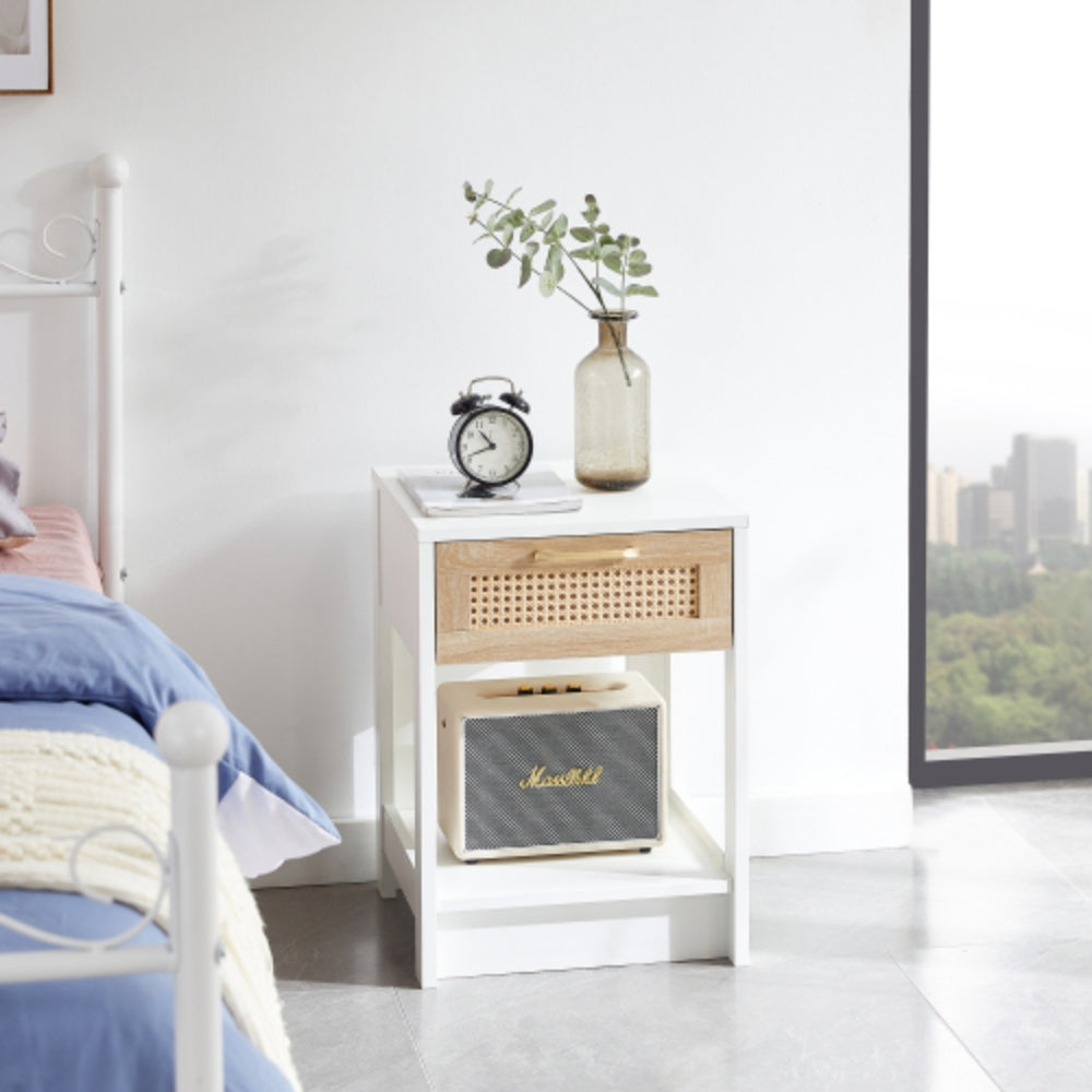 15.75 Inch Rattan End Table with Drawer in White Finish