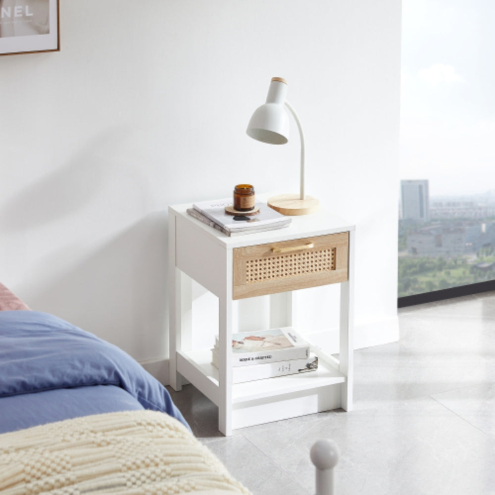 15.75 Inch Rattan End Table with Drawer in White Finish