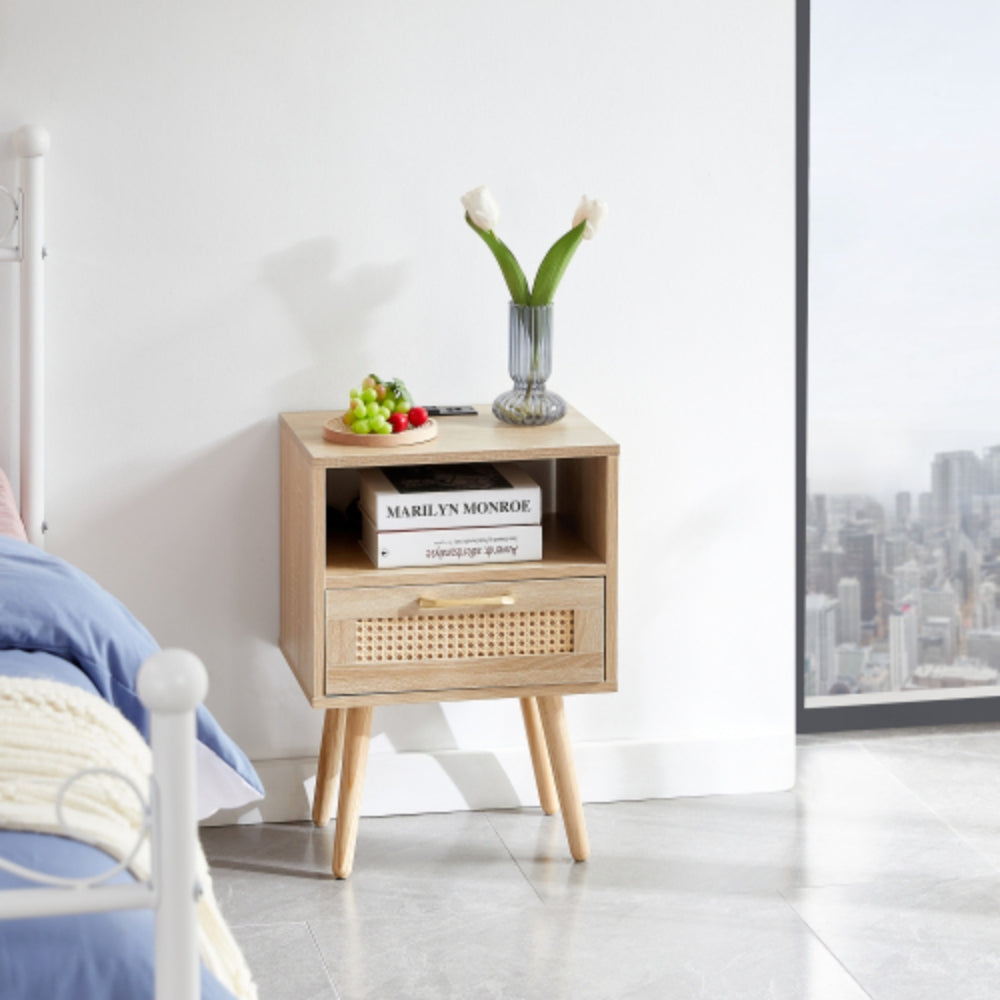 15.75 Inch Rattan End Table with Power Outlet and USB Ports in Natural Finish