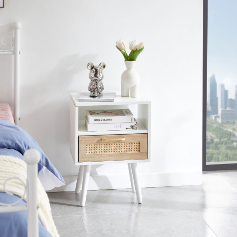 15.75 Inch White Rattan End Table with Drawer and Solid Wood Legs