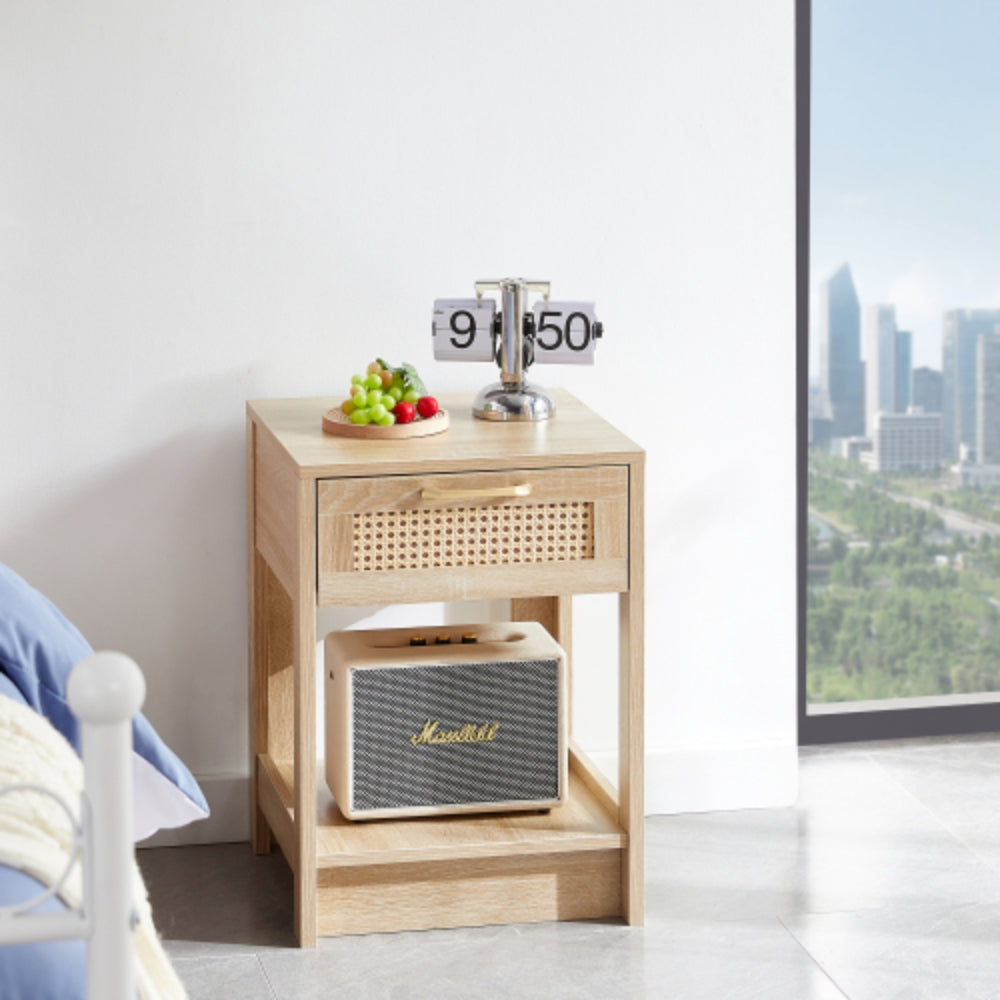 15.75 Inch Rattan End Table with Drawer in Natural Finish