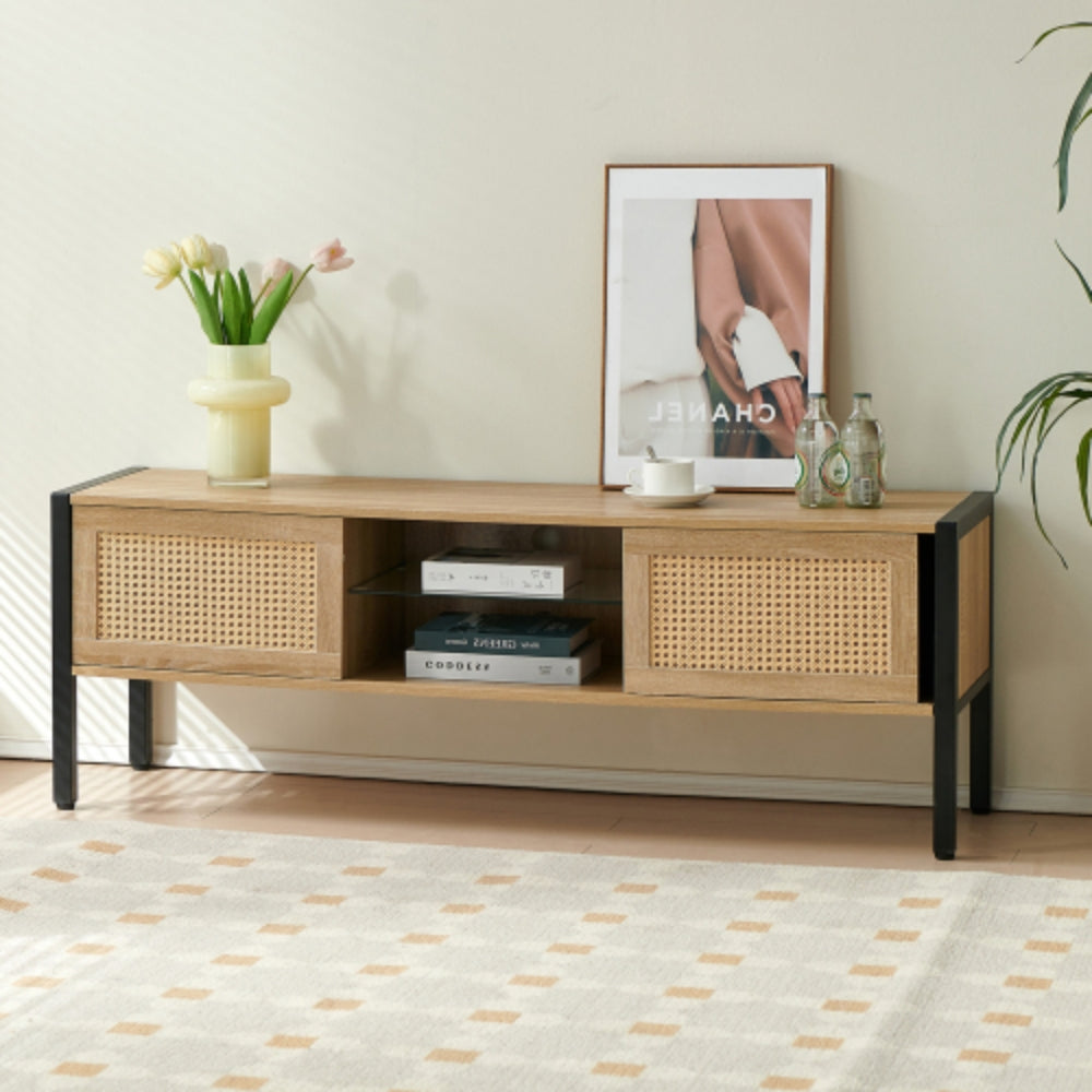 54.33 Inch Rattan TV Cabinet with Adjustable Color Light Strip in Natural Finish