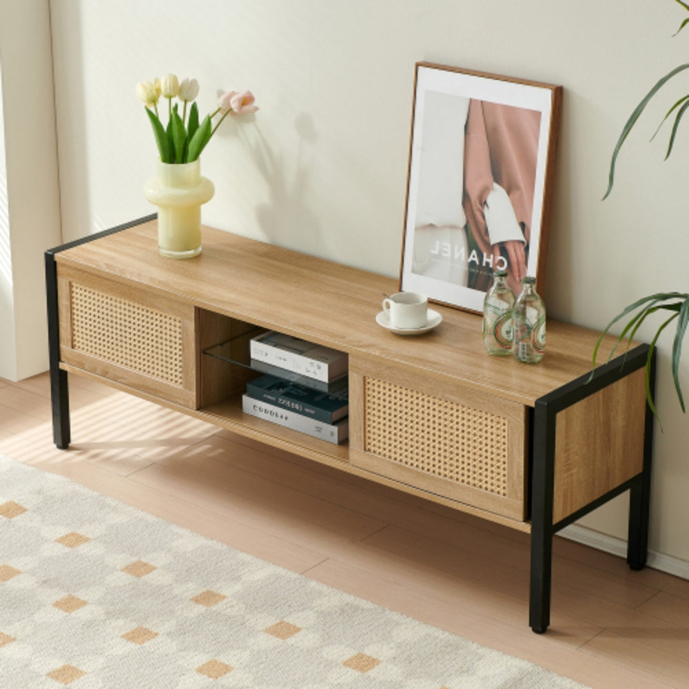 54.33 Inch Rattan TV Cabinet with Adjustable Color Light Strip in Natural Finish