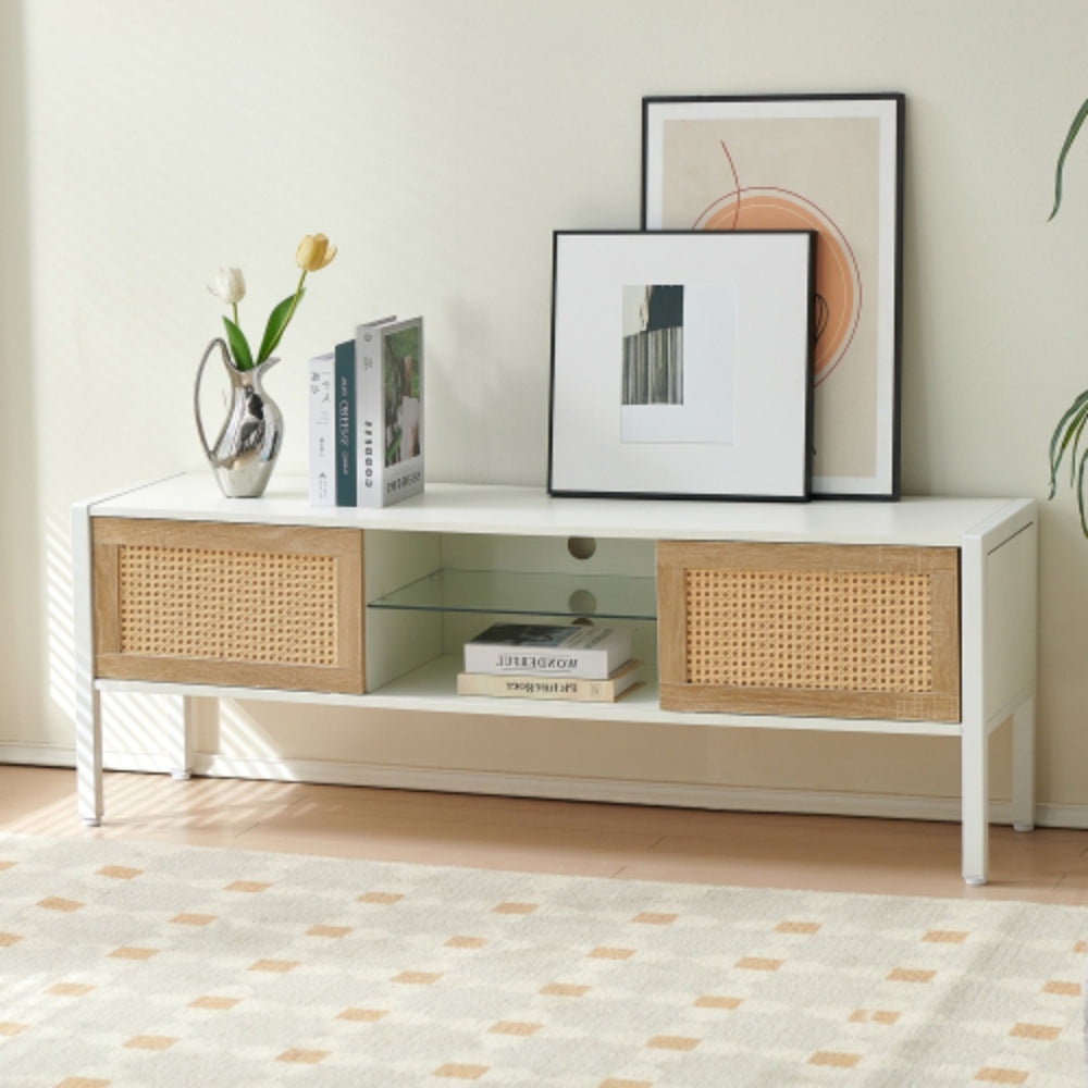 54.33 Inch Rattan TV Cabinet with Adjustable Color Light Strip in White Finish