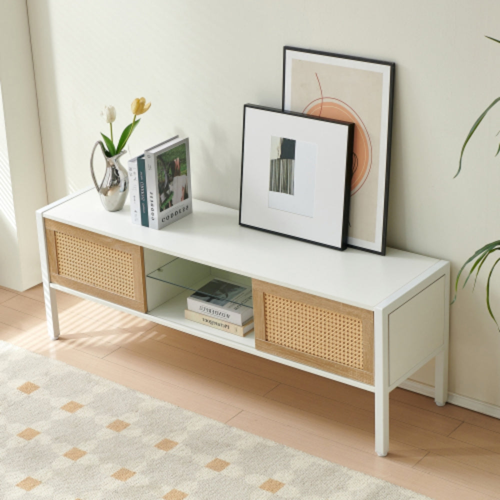 54.33 Inch Rattan TV Cabinet with Adjustable Color Light Strip in White Finish