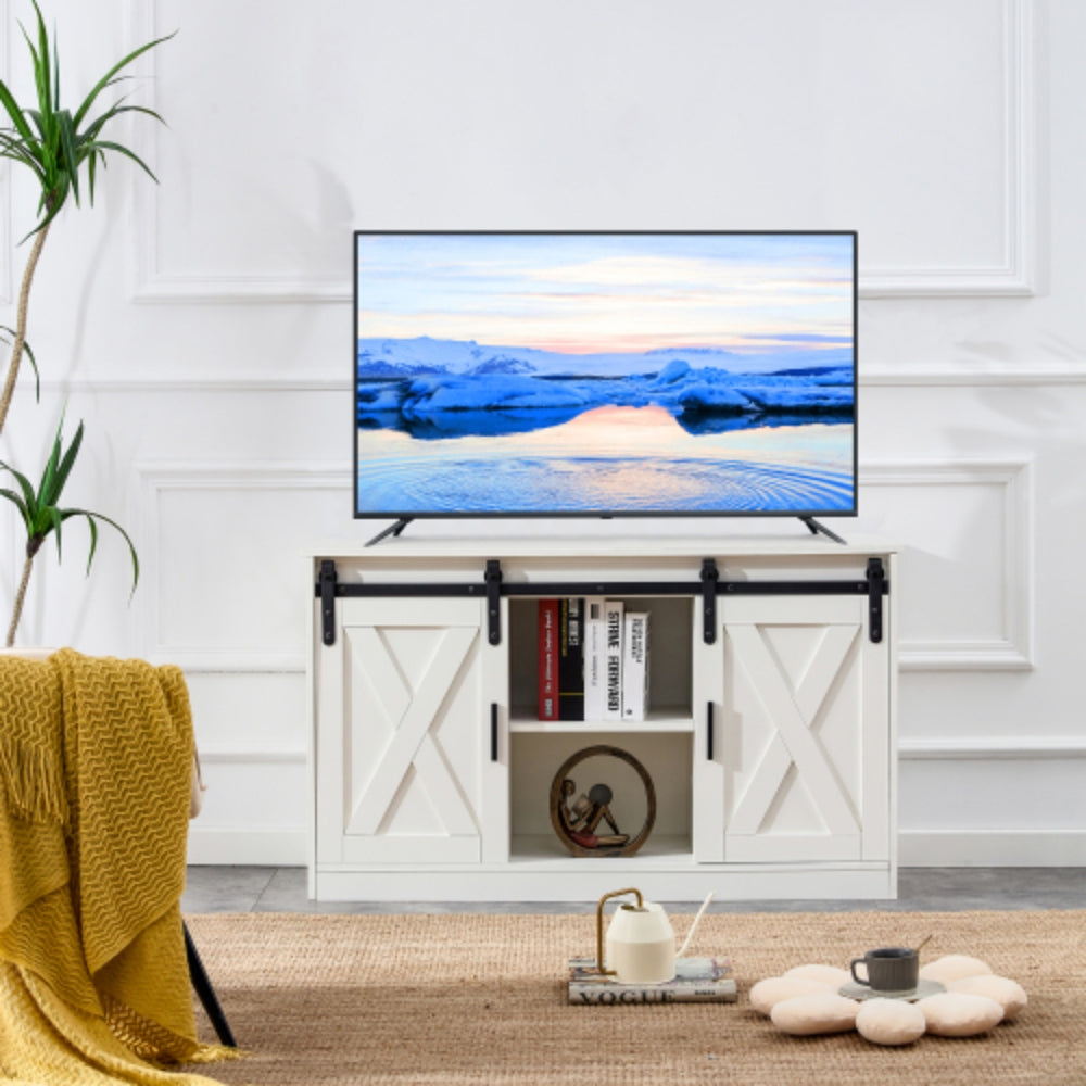 Modern White Wooden TV Storage Cabinet with Sliding Barn Doors