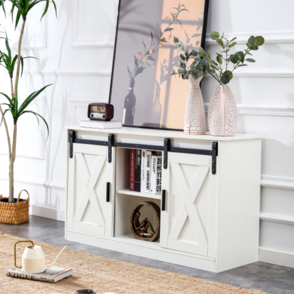 Modern White Wooden TV Storage Cabinet with Sliding Barn Doors