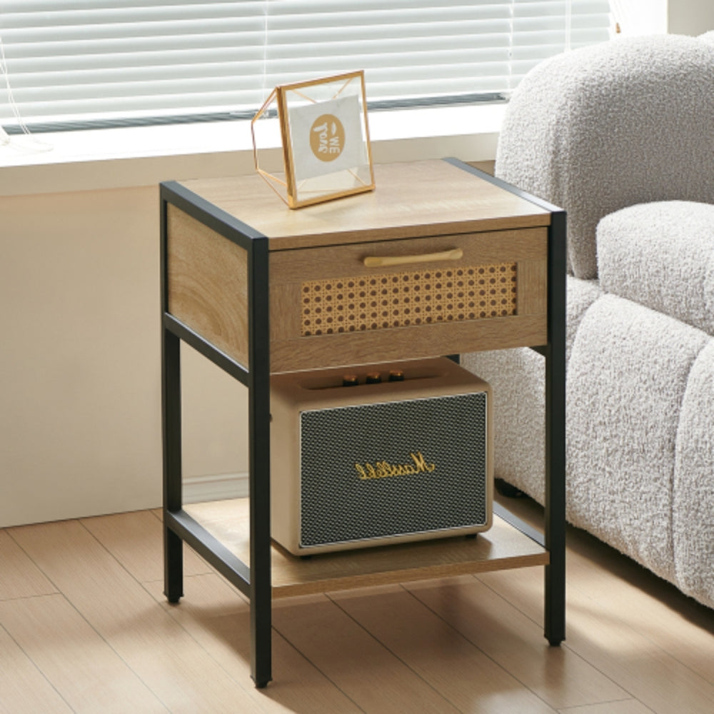 15.74 Inch Rattan End Table with Drawer in Natural Finish