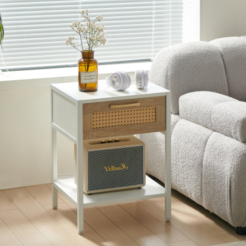 15.74 Inch Rattan End Table with Drawer in White Finish