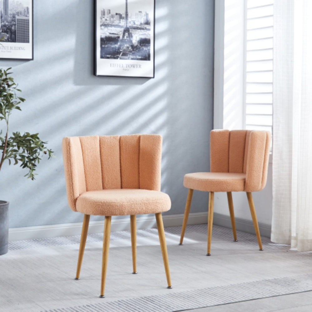 Set of 2 Modern Beige Dining Chairs with Iron Tube Wood Legs and Short Hair Cushions