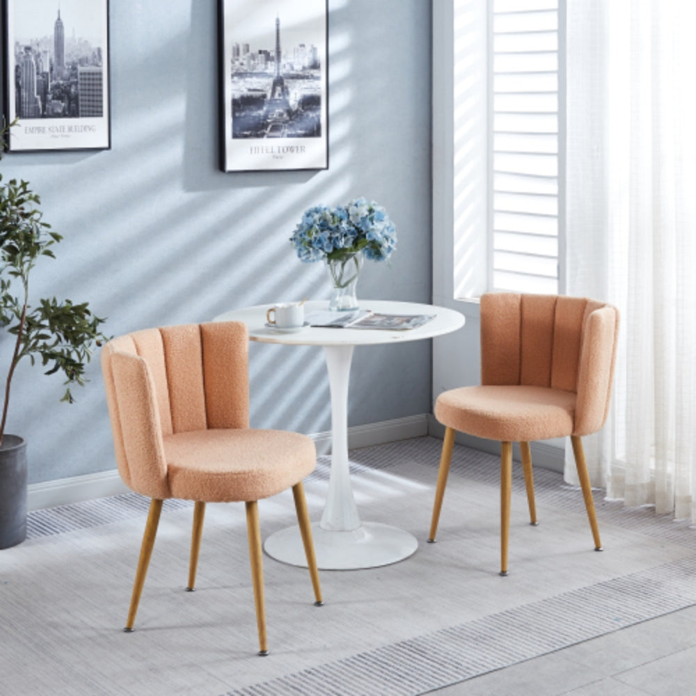 Set of 2 Modern Beige Dining Chairs with Iron Tube Wood Legs and Short Hair Cushions