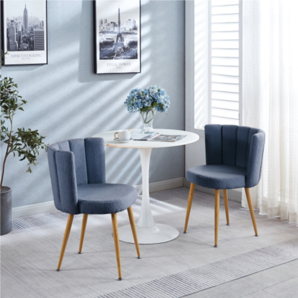 Set of 2 Modern Blue Dining Chairs with Iron Tube Wood Legs and Short Hair Cushions