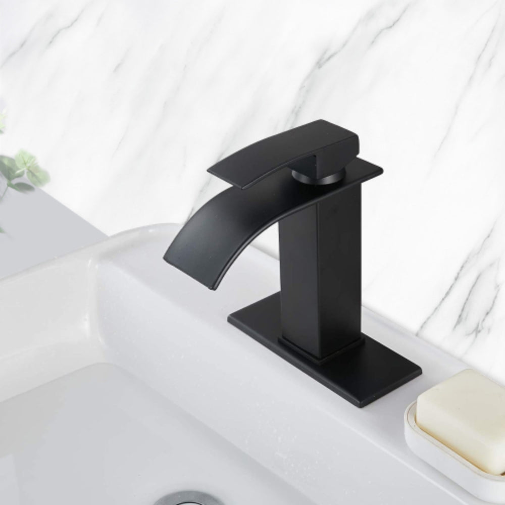 Modern Waterfall Spout Single Handle Bathroom Vanity Sink Faucet - Black