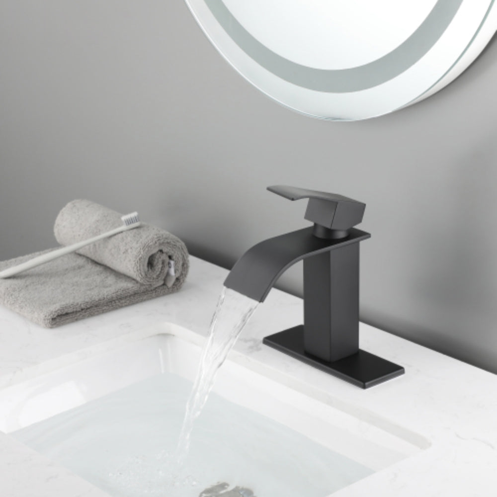 Modern Waterfall Spout Single Handle Bathroom Vanity Sink Faucet - Black