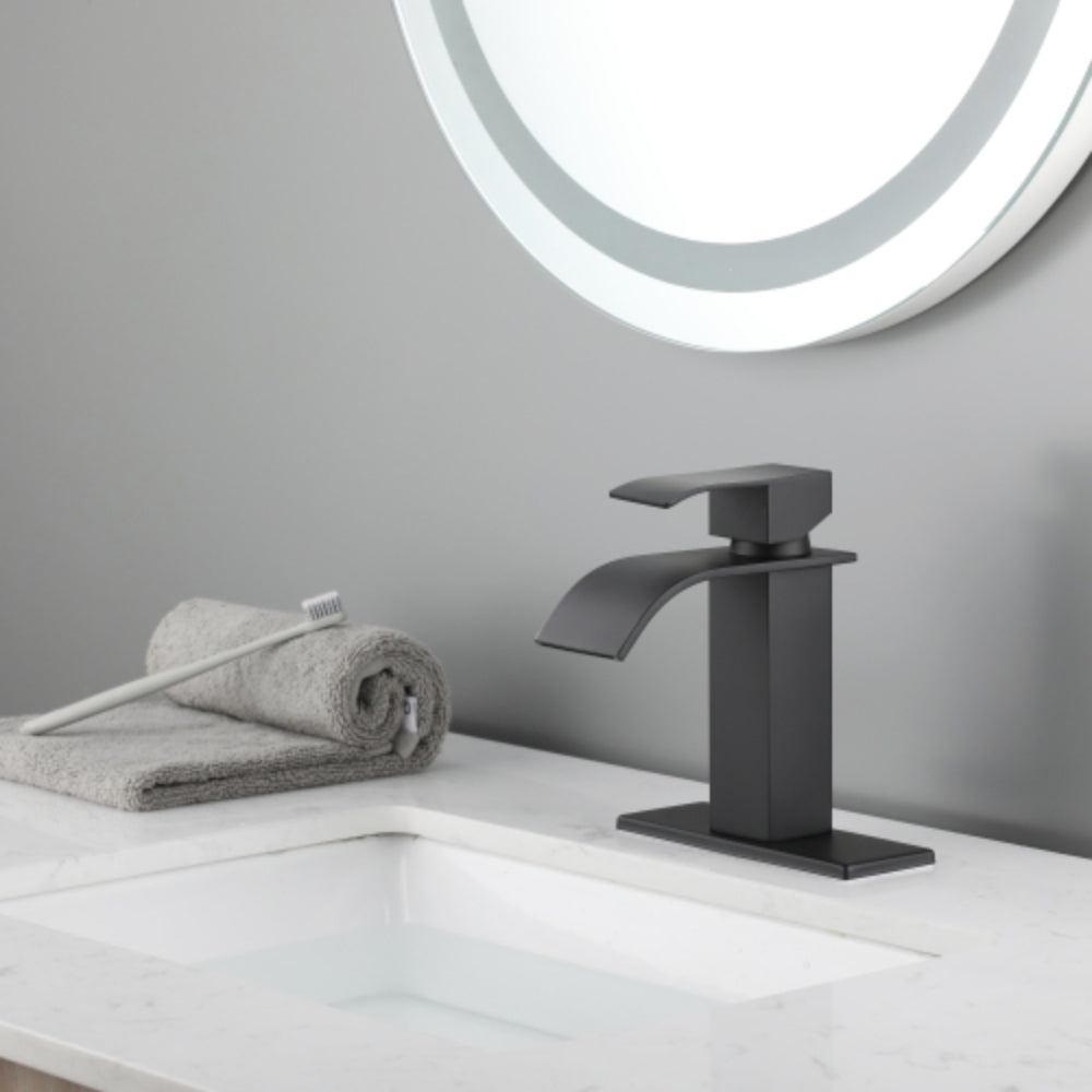 Modern Waterfall Spout Single Handle Bathroom Vanity Sink Faucet - Black