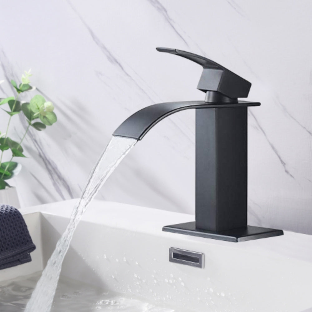 Modern Waterfall Spout Single Handle Bathroom Vanity Sink Faucet - Black