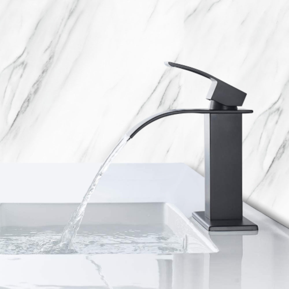 Modern Waterfall Spout Single Handle Bathroom Vanity Sink Faucet - Black